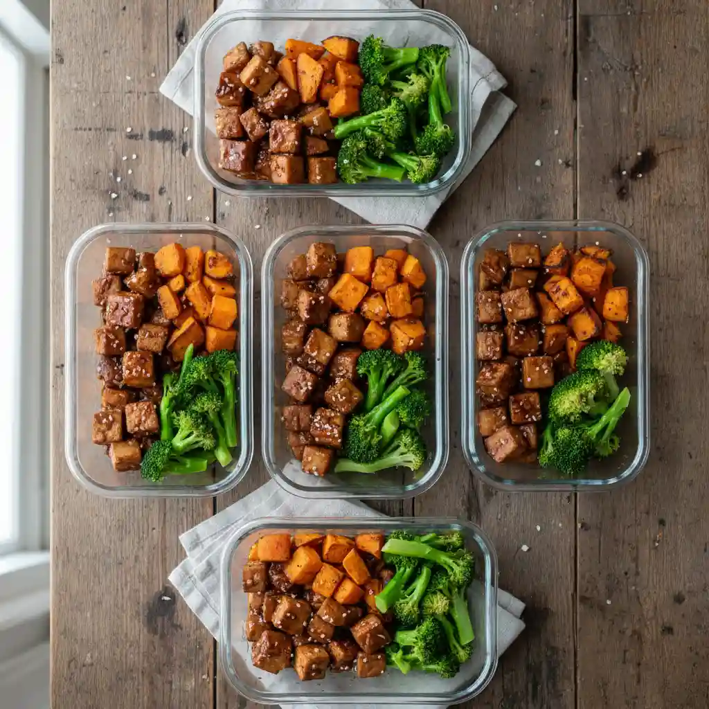 Weekly meal prep containers with teriyaki tofu and roasted vegetables