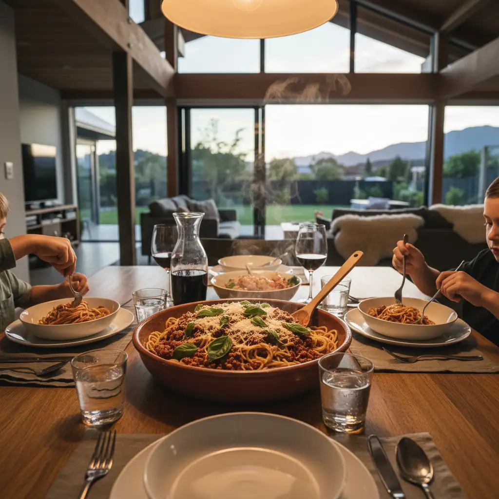 Family enjoying soy mince bolognese dinner