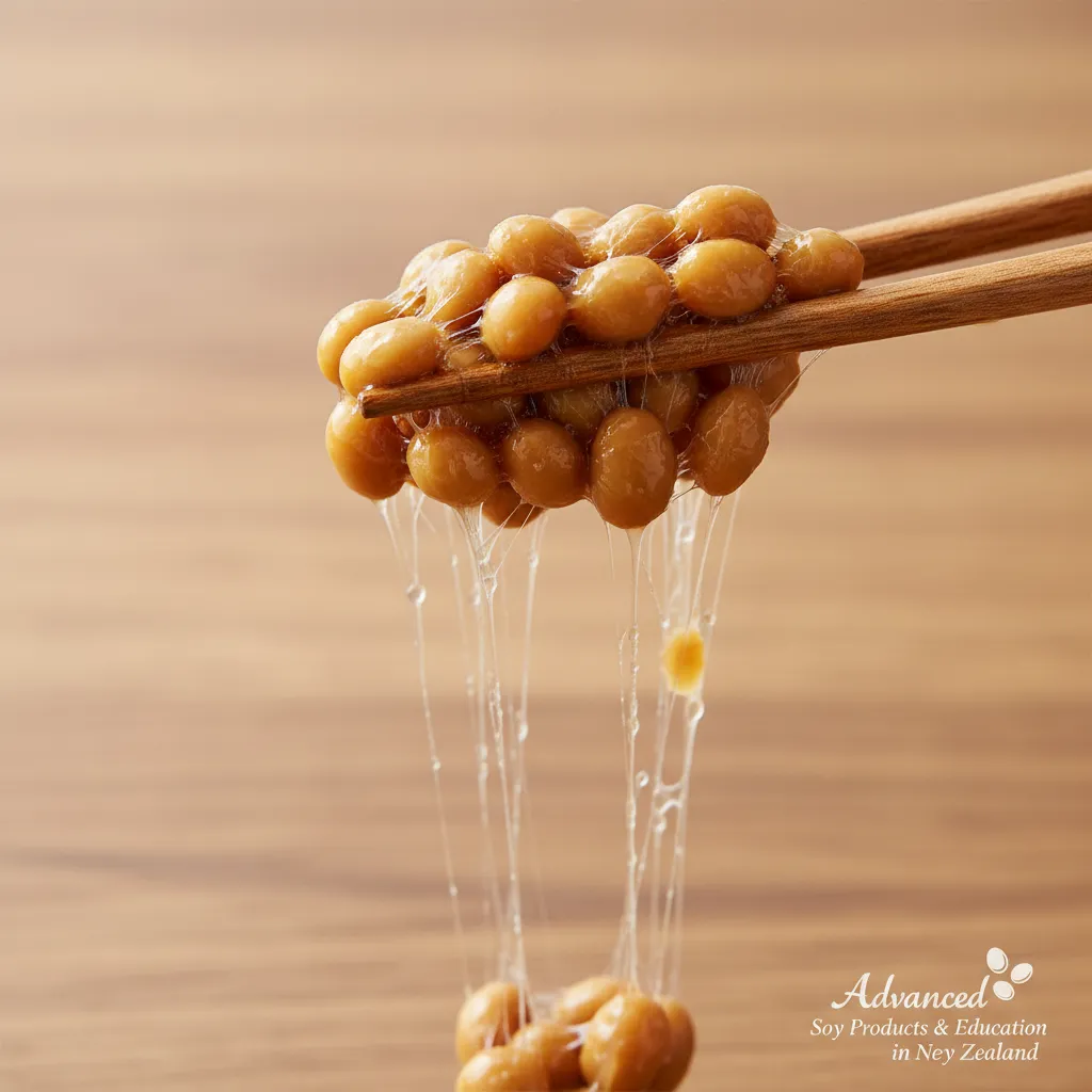 Close up of sticky fermented natto beans lifted by chopsticks