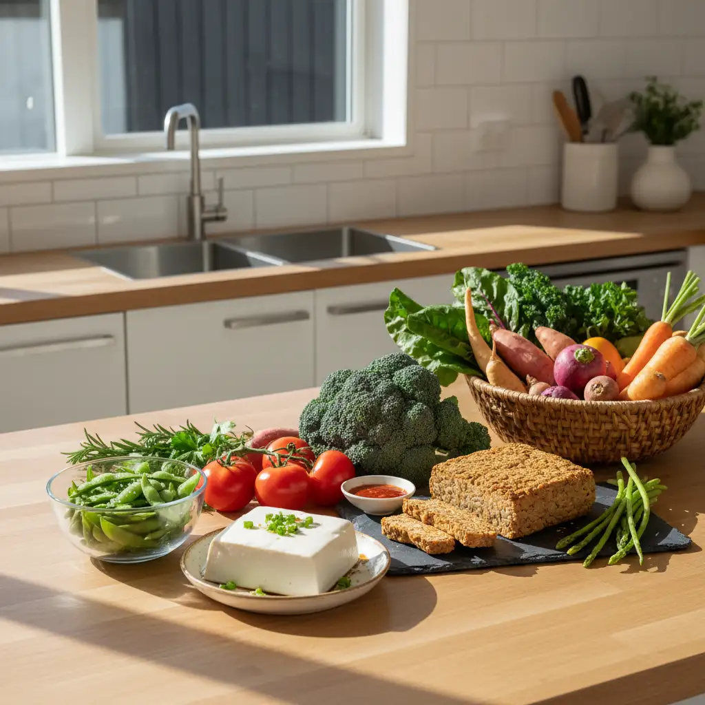 Fresh soy products including tofu and edamame in a New Zealand kitchen setting