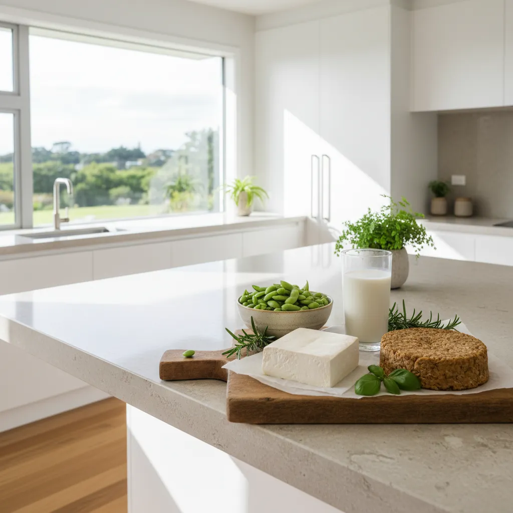 Assortment of fresh soy products including tofu, edamame, and soy milk on a kitchen counter