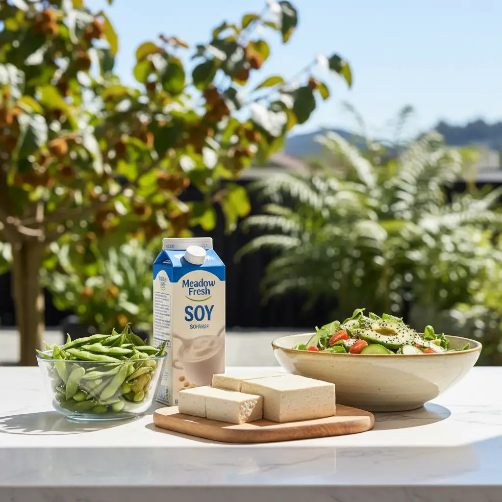 Fresh soy products including tofu and edamame on a kitchen counter