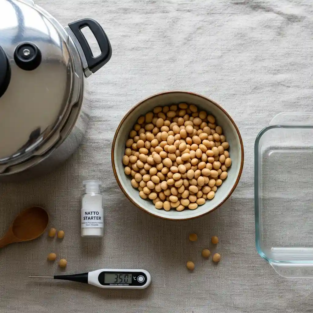 Ingredients and equipment for making natto at home