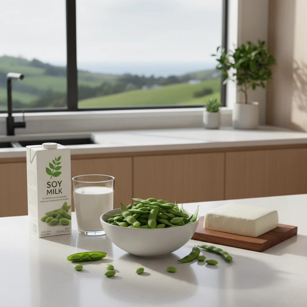 Assortment of fresh soy products including tofu and edamame