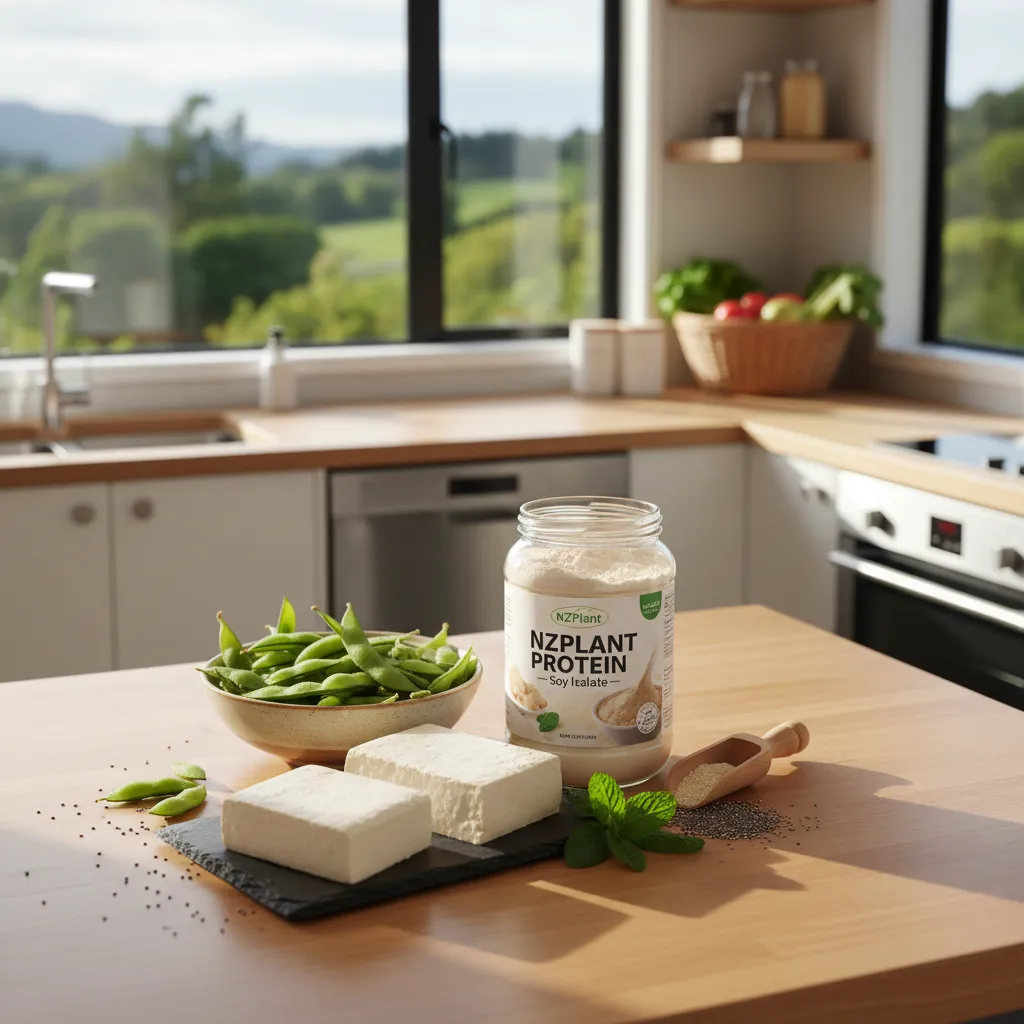 Assortment of soy protein sources including tofu, edamame, and protein powder