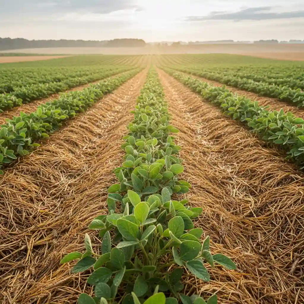 Regenerative soybean field with cover crop residue