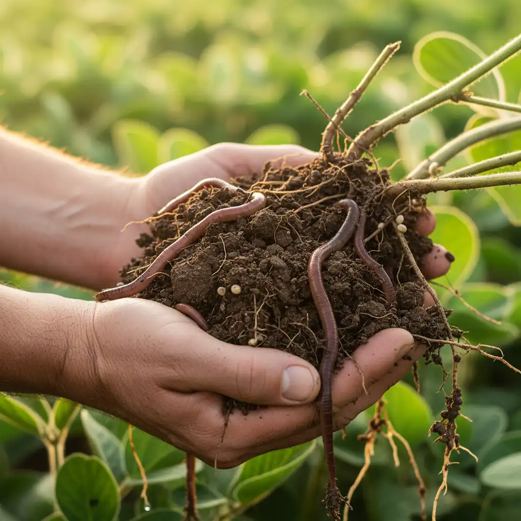 Farmer inspecting healthy soil structure in regenerative soy field