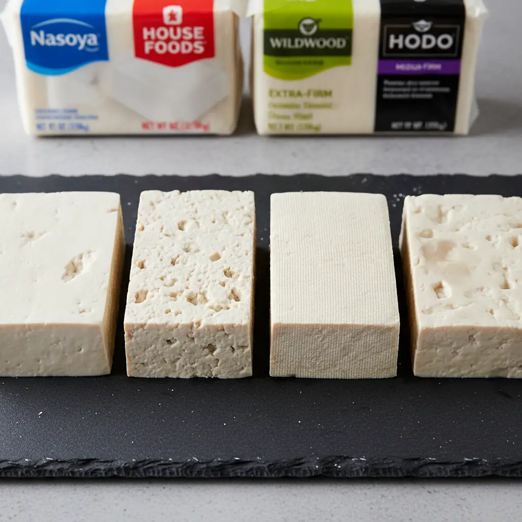 Side-by-side visual comparison of raw tofu blocks from different brands