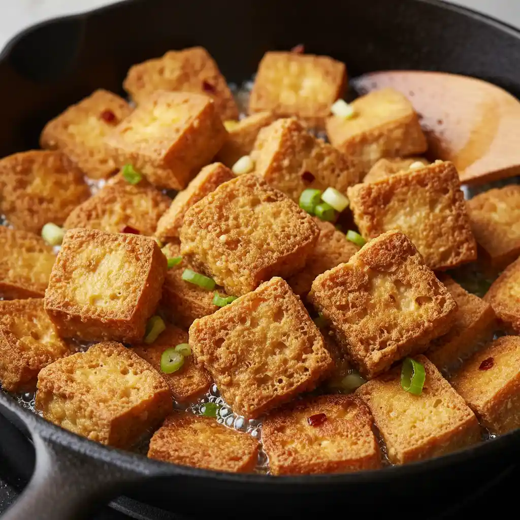 Crispy fried tofu cubes cooking in a wok