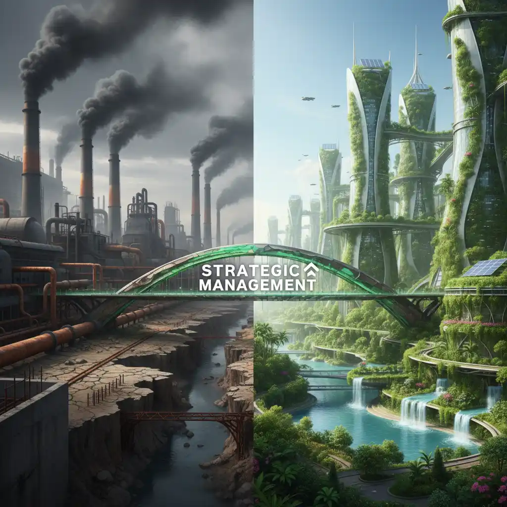 Conceptual illustration contrasting industrial impact with sustainable development