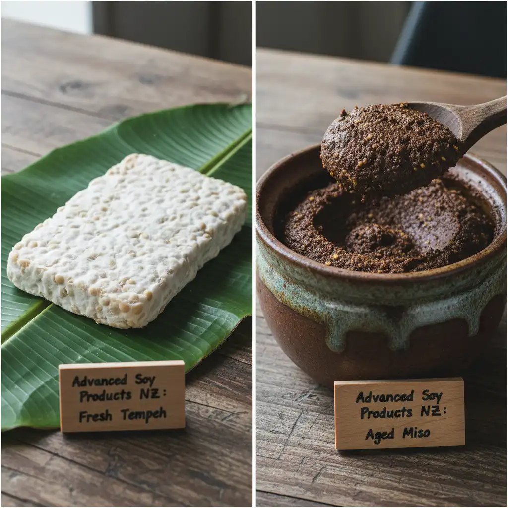 Fresh homemade tempeh on banana leaf alongside aged miso paste