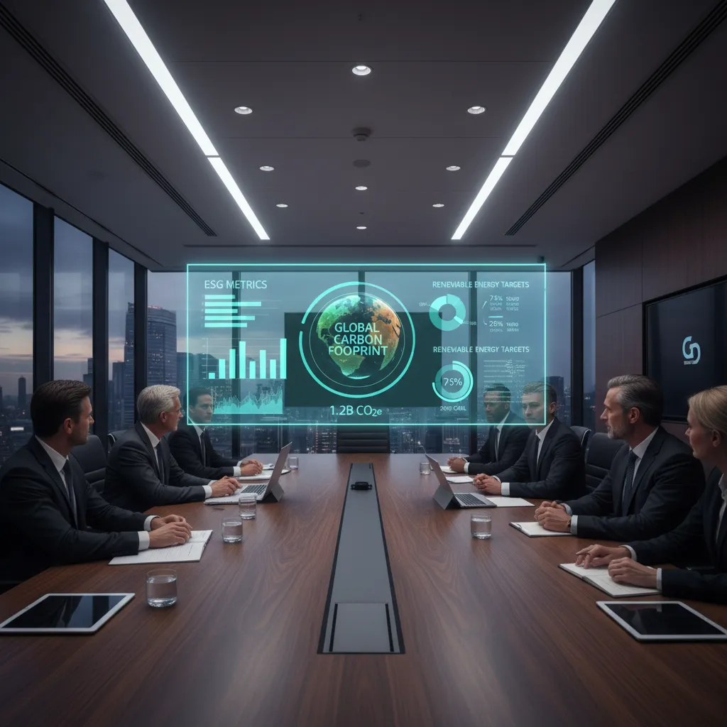 Corporate meeting discussing ESG metrics and sustainability targets