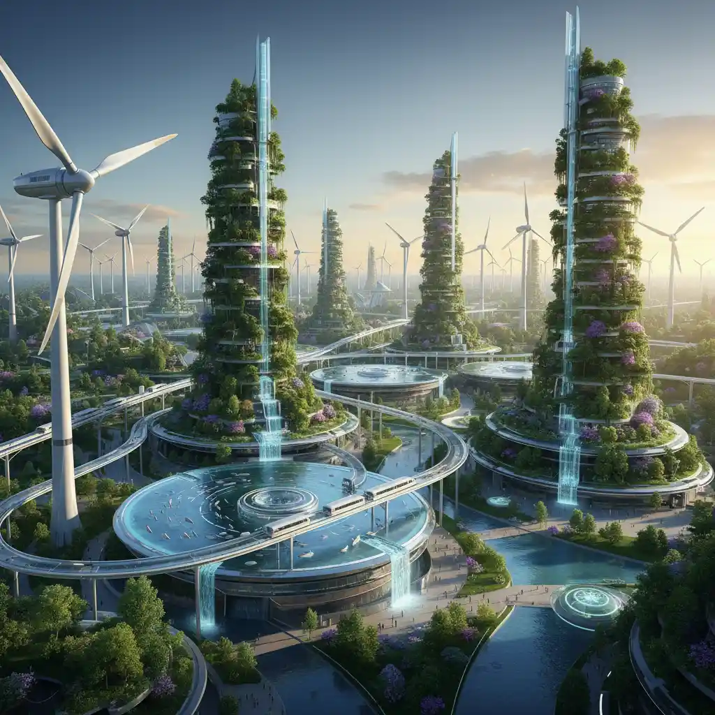 Futuristic sustainable city with renewable energy and vertical gardens