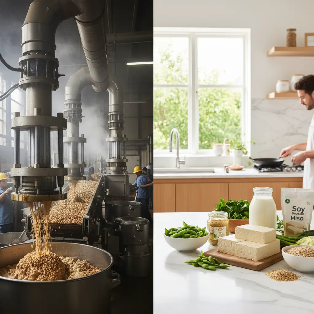 Contrast between industrial soy processing and modern food marketing