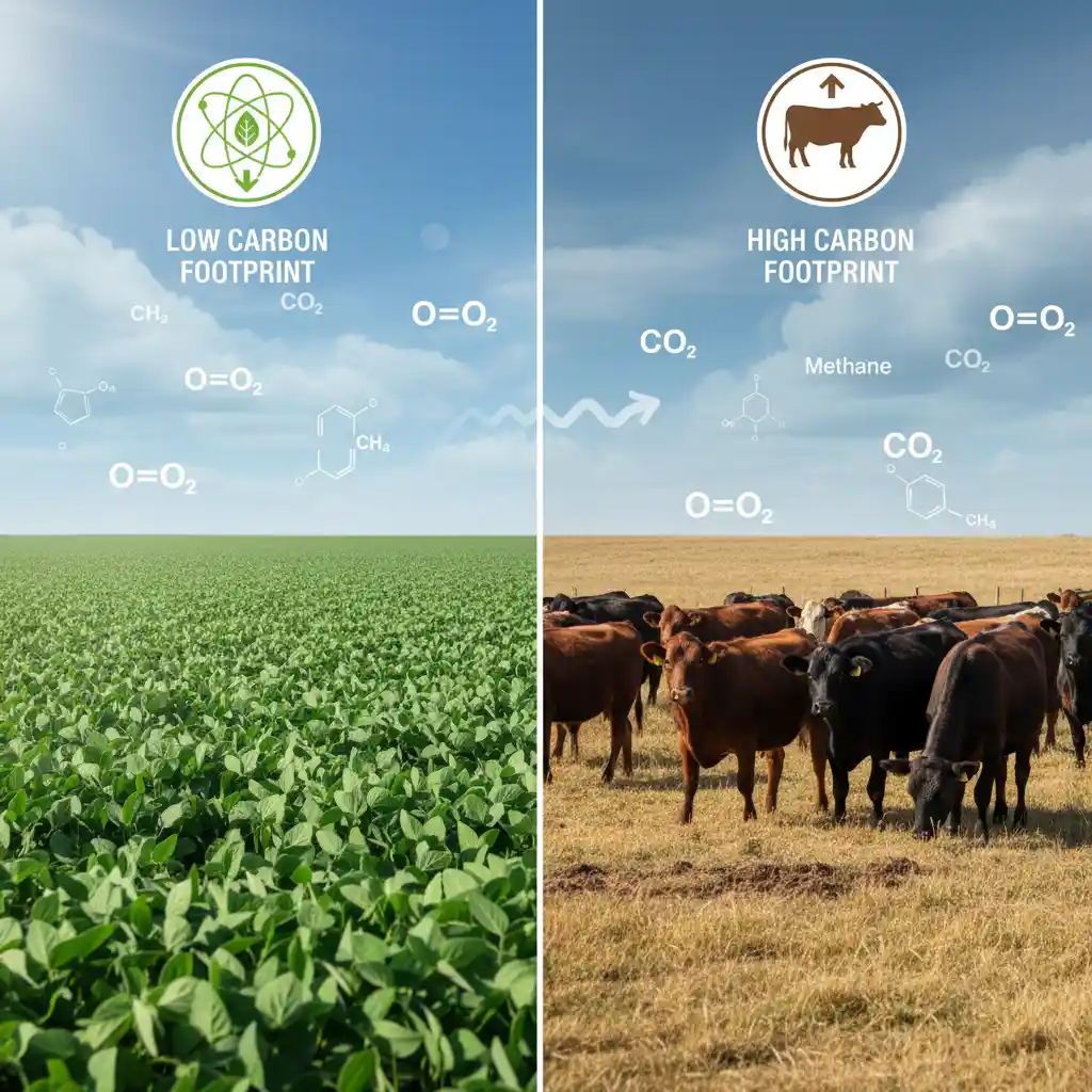 Visual comparison of soy vs beef carbon footprint metrics