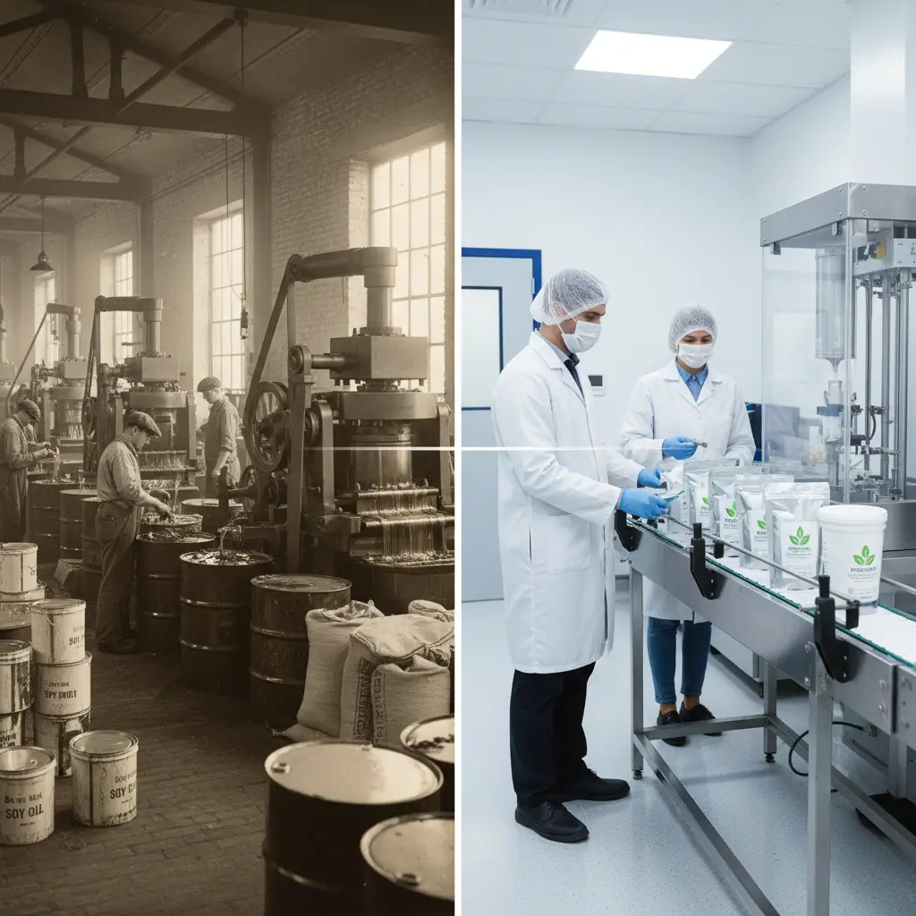 Illustration showing the transition of soy from industrial use to food product