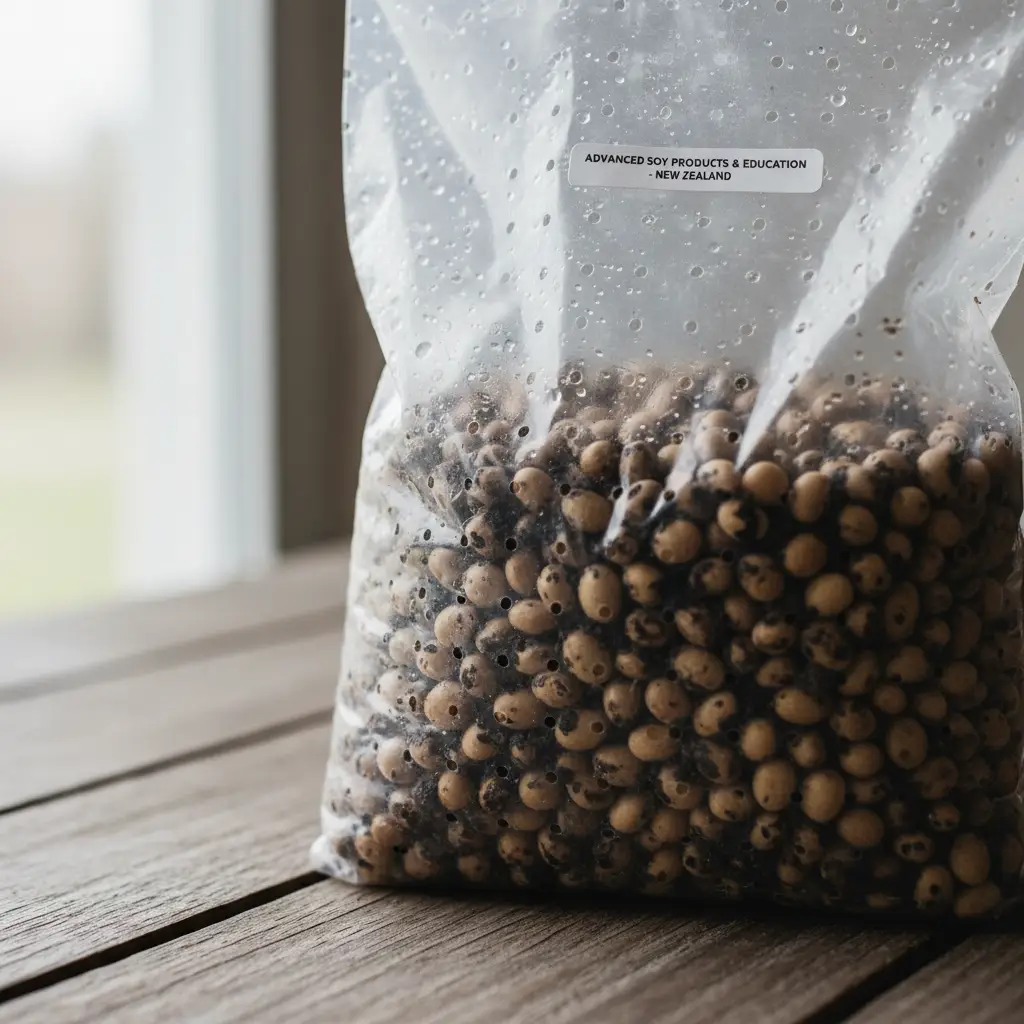 Inoculated soybeans in perforated bags ready for fermentation