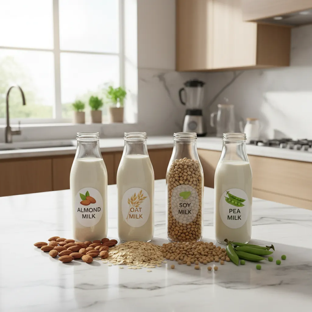 Comparison of different plant milk varieties in glass bottles