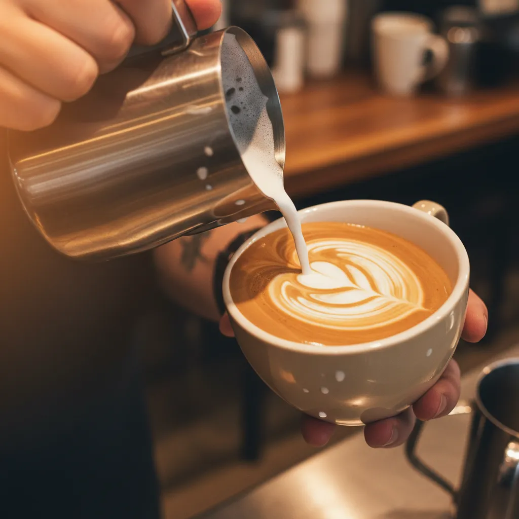 Barista pouring oat milk latte art