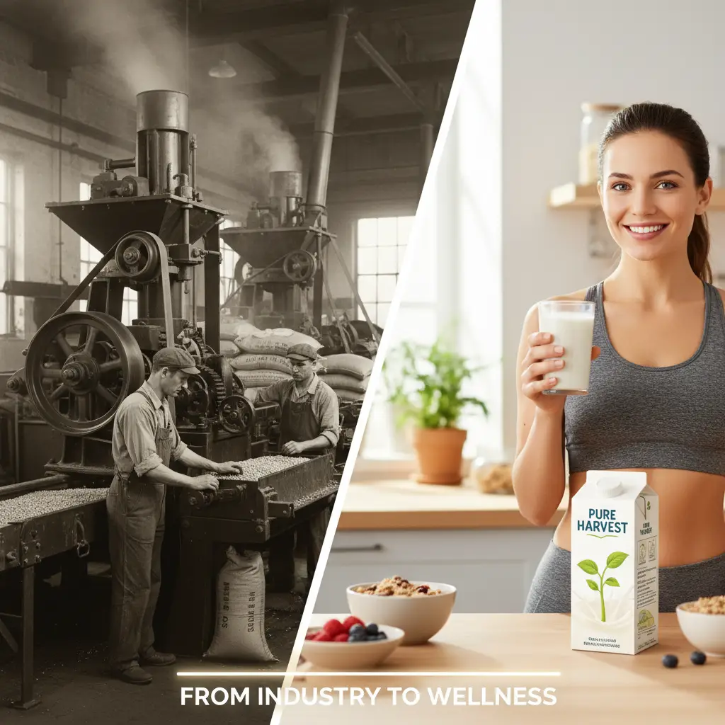 Contrast between industrial soy origins and modern health marketing